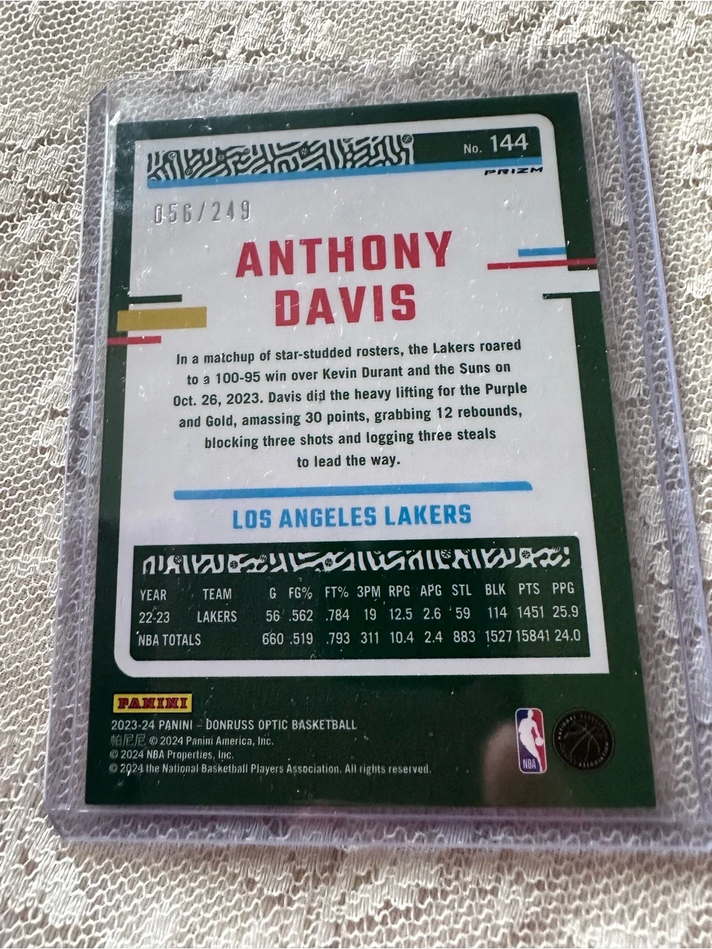 Anthony Davis 2023-24 Donruss Optic #144 Holo Los Angeles Lakers